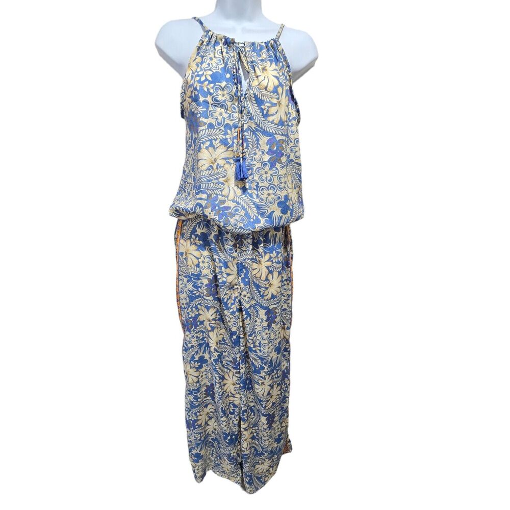 Anthropologie RAGA Gold Blue Floral Boho Tasseled Relaxed Jumpsuit Small